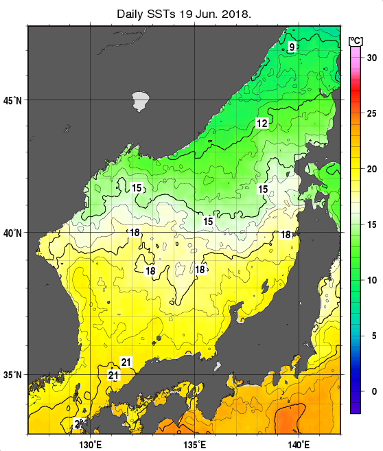 日本海の海面水温分布図（6月19日）