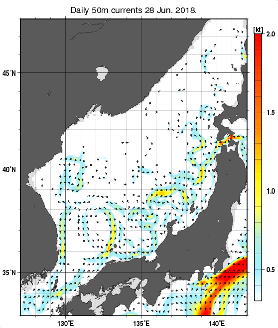 日本海の深さ50mの海流分布図（6月28日）