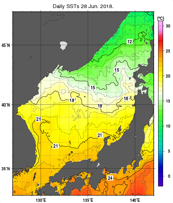 日本海の海面水温分布図（6月28日）