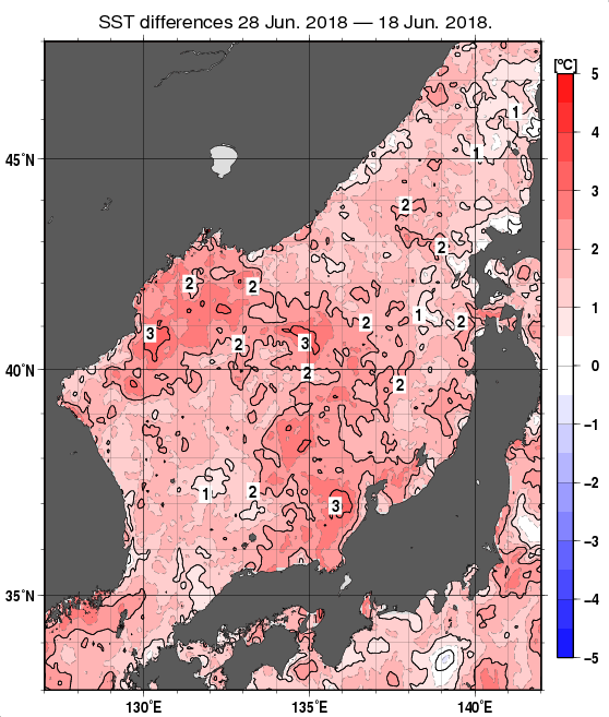 日本海の10日間の海面水温変化量分布図（6月28日）