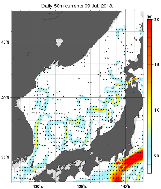 日本海の深さ50mの海流分布図（7月9日）