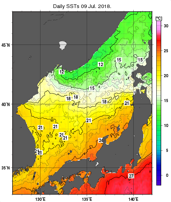 日本海の海面水温分布図（7月9日）