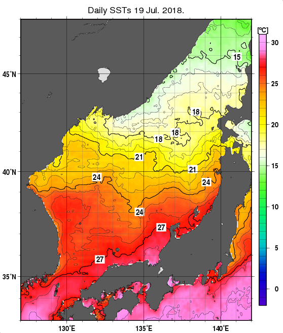 日本海の海面水温分布図（7月19日）