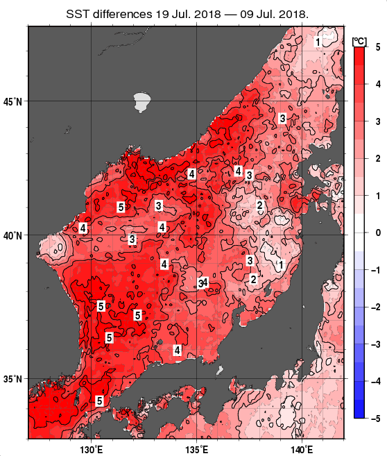 日本海の10日間の海面水温変化量分布図（7月19日）