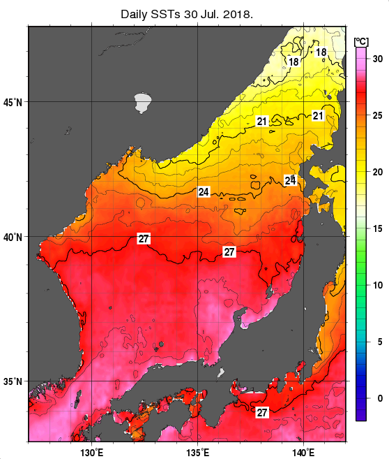 日本海の海面水温分布図（7月30日）