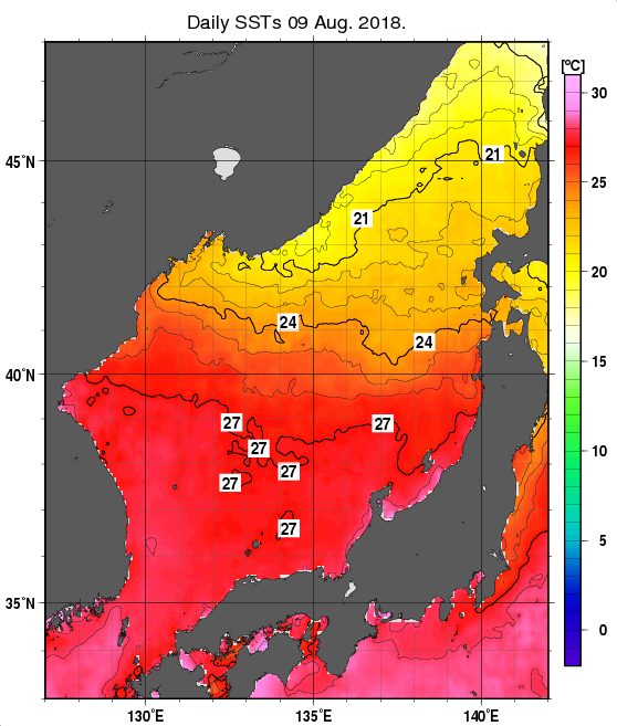 日本海の海面水温分布図（8月9日）