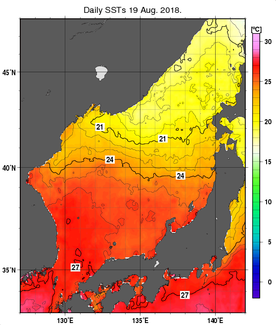 日本海の海面水温分布図（8月19日）