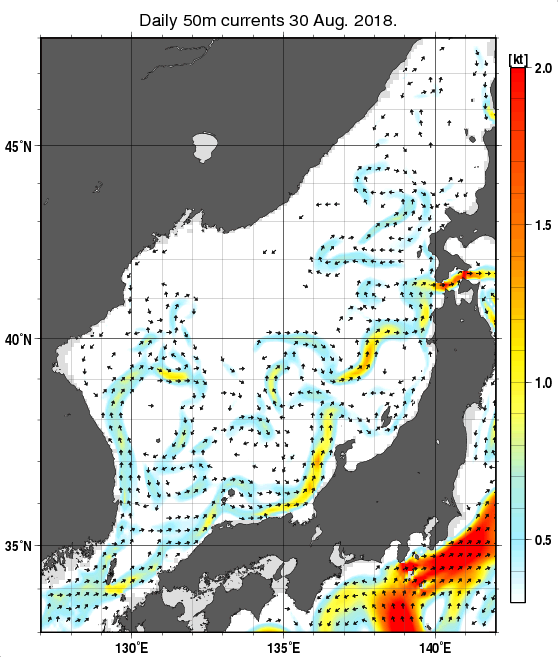 日本海の深さ50mの海流分布図（8月30日）