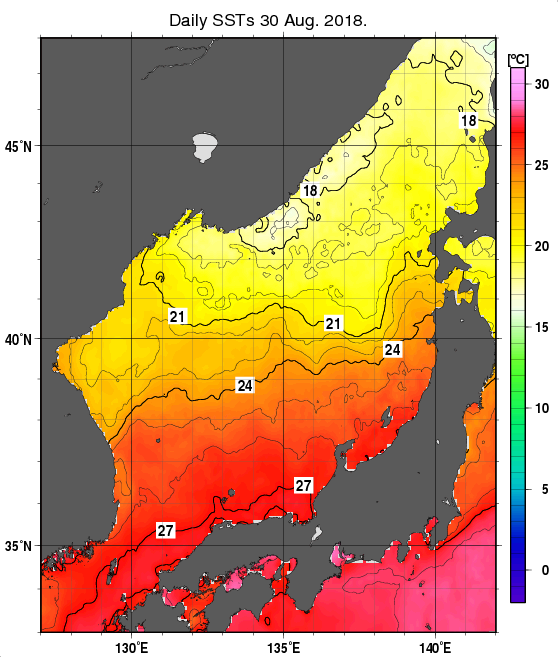 日本海の海面水温分布図（8月30日）