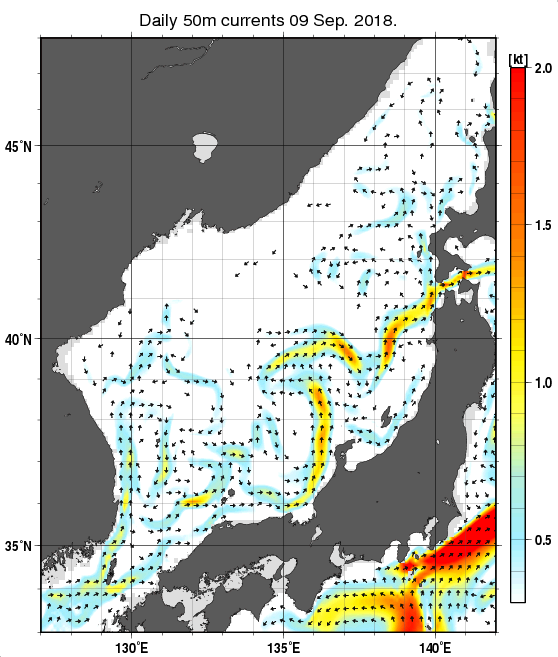 日本海の深さ50mの海流分布図（9月9日）