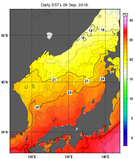 日本海の海面水温分布図（9月9日）