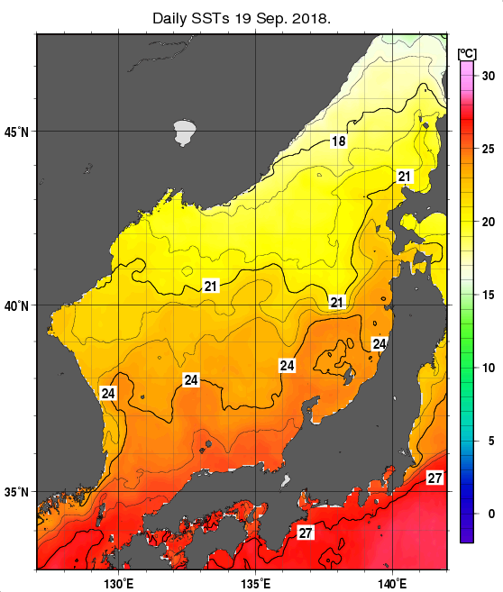 日本海の海面水温分布図（9月19日）