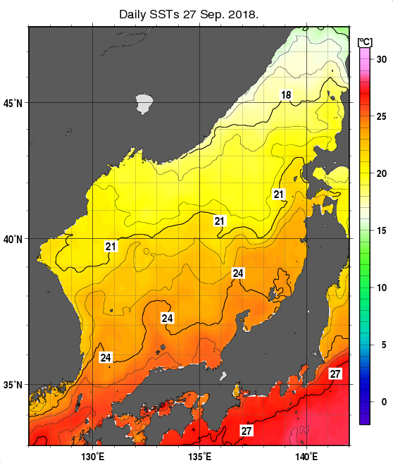 日本海の海面水温分布図（9月27日）