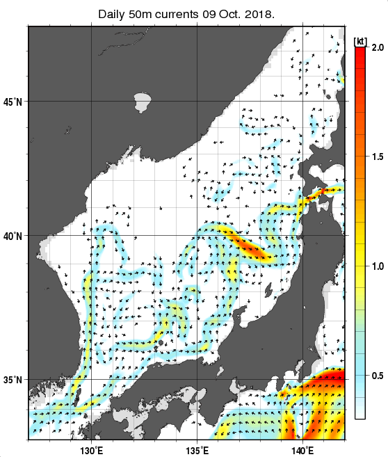 日本海の深さ50mの海流分布図（10月9日）