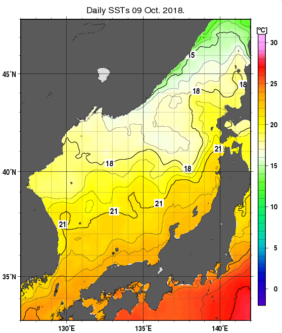 日本海の海面水温分布図（10月9日）