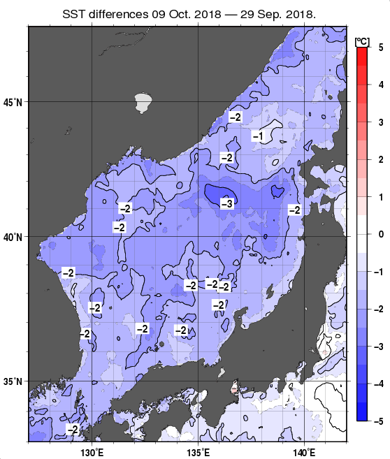 日本海の10日間の海面水温変化量分布図（10月9日）