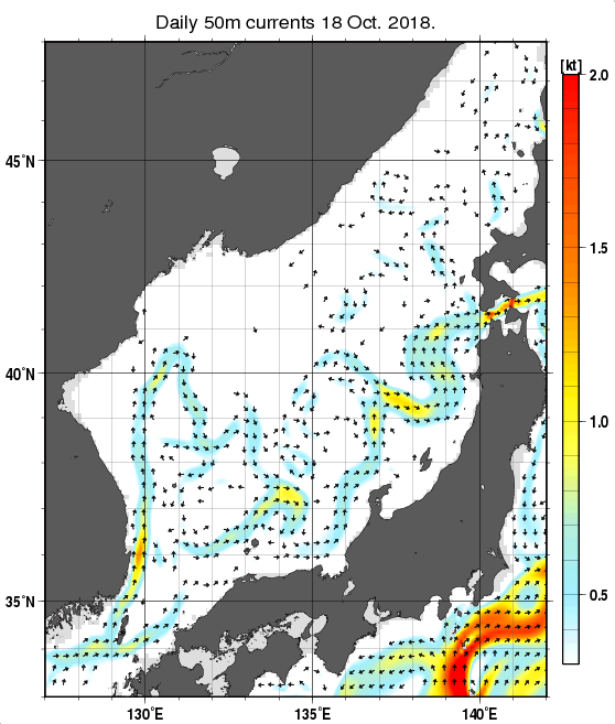 日本海の深さ50mの海流分布図（10月18日）