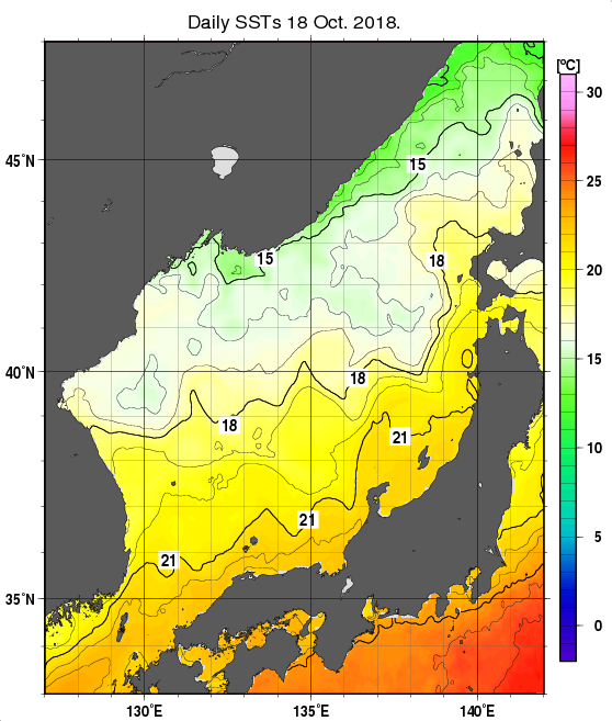 日本海の海面水温分布図（10月18日）