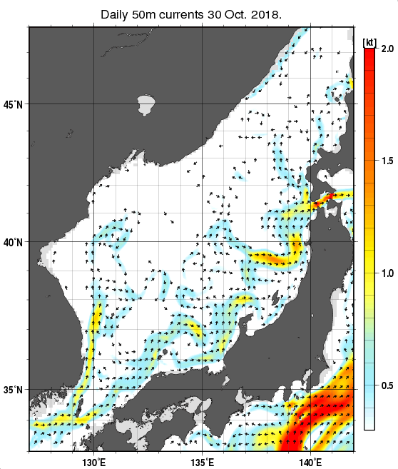 日本海の深さ50mの海流分布図（10月30日）