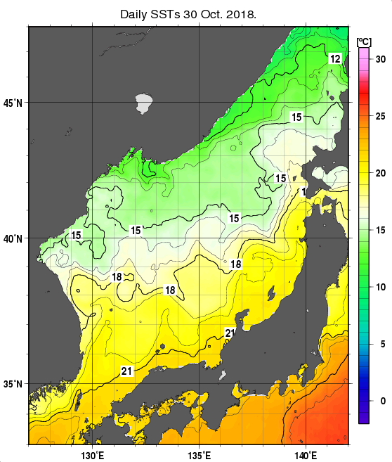 日本海の海面水温分布図（10月30日）