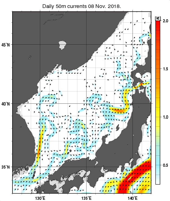 日本海の深さ50mの海流分布図（11月8日）