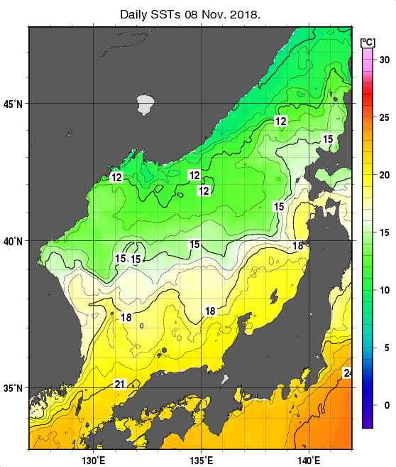 日本海の海面水温分布図（11月8日）