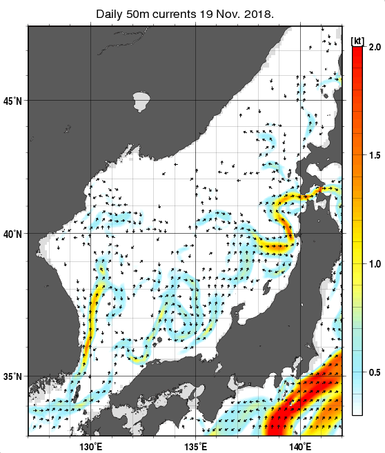 日本海の深さ50mの海流分布図（11月19日）