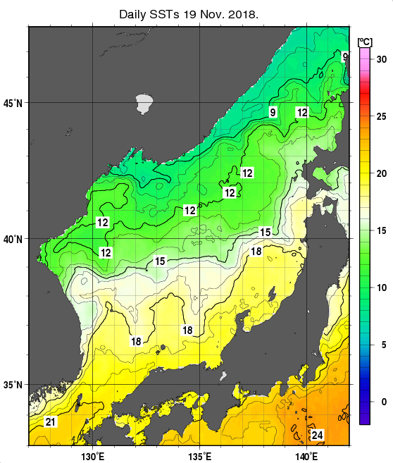 日本海の海面水温分布図（11月19日）