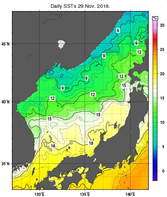 日本海の海面水温分布図（11月29日）