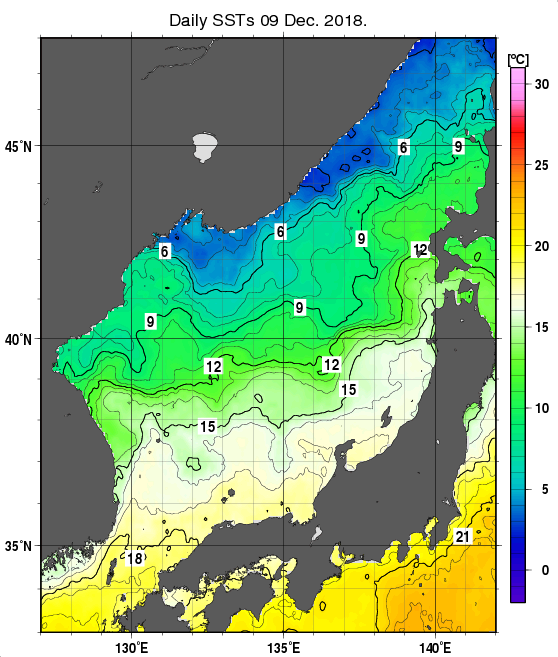 日本海の海面水温分布図（12月9日）