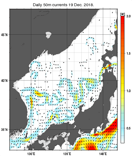 日本海の深さ50mの海流分布図（12月19日）