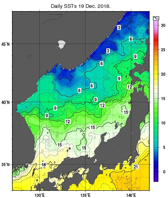 日本海の海面水温分布図（12月19日）