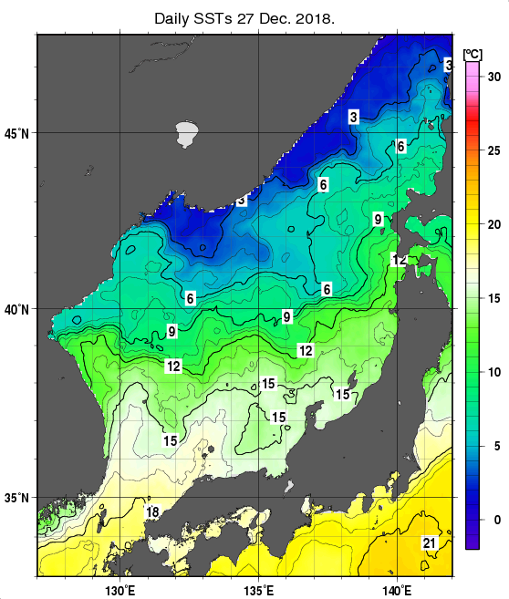 日本海の海面水温分布図（12月27日）