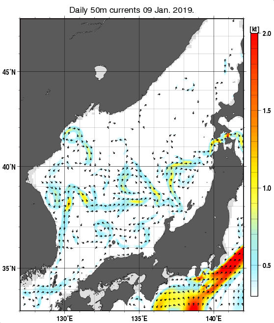 日本海の深さ50mの海流分布図（1月9日）