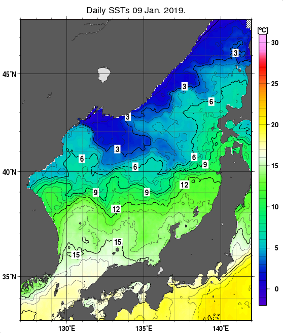 日本海の海面水温分布図（1月9日）