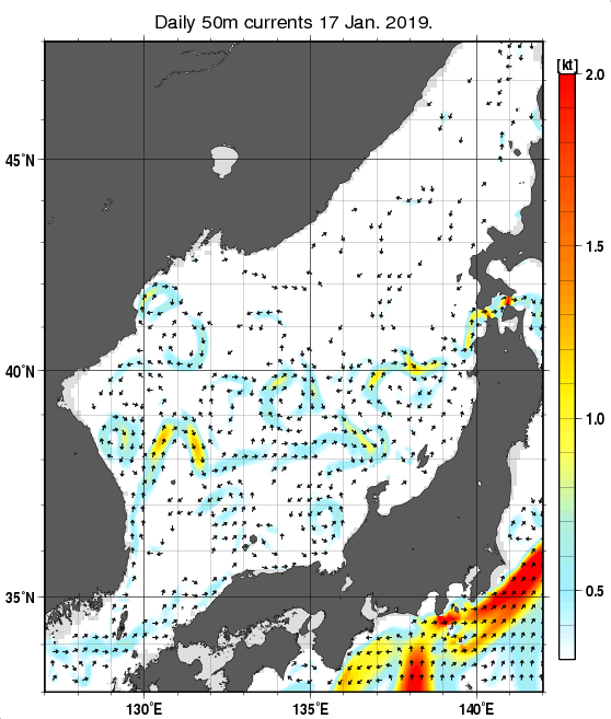 日本海の深さ50mの海流分布図（1月17日）