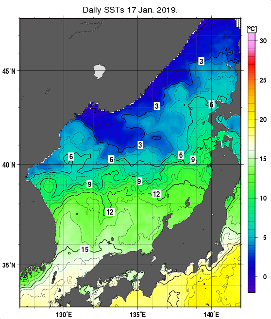 日本海の海面水温分布図（1月17日）