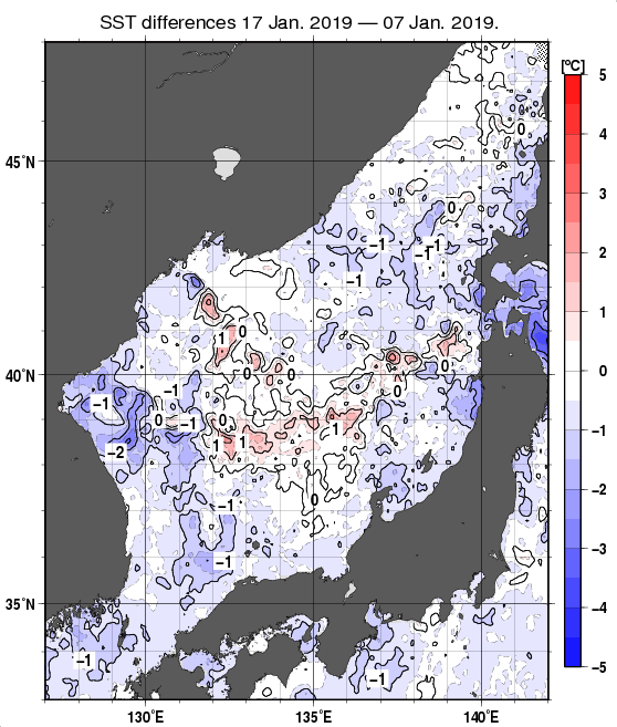 日本海の10日間の海面水温変化量分布図（1月17日）