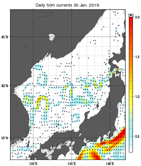 日本海の深さ50mの海流分布図（1月30日）