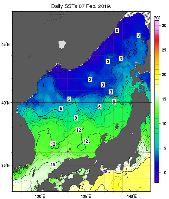 日本海の海面水温分布図（2月7日）