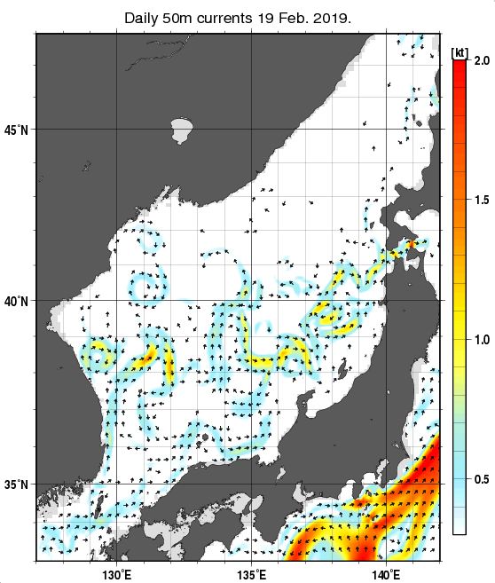 日本海の深さ50mの海流分布図（2月19日）