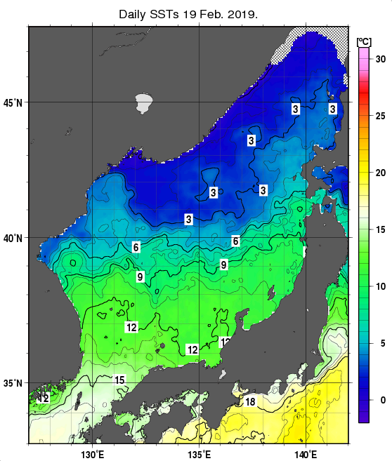 日本海の海面水温分布図（2月19日）