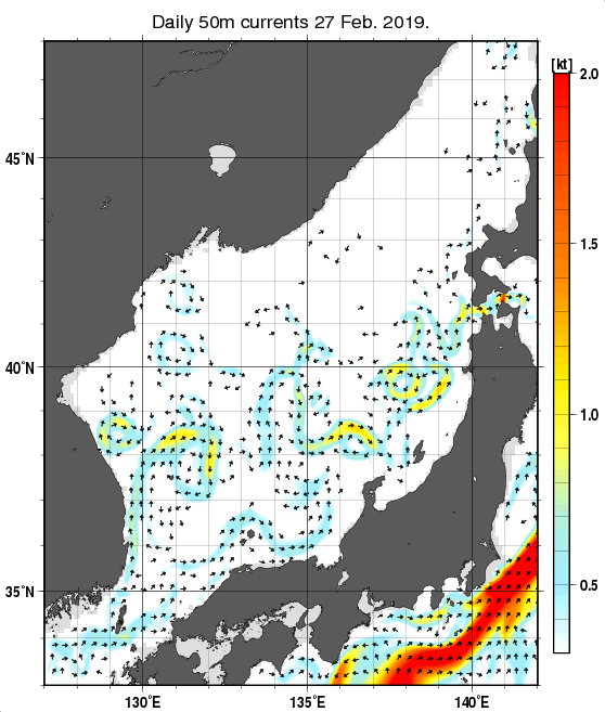 日本海の深さ50mの海流分布図（2月27日）