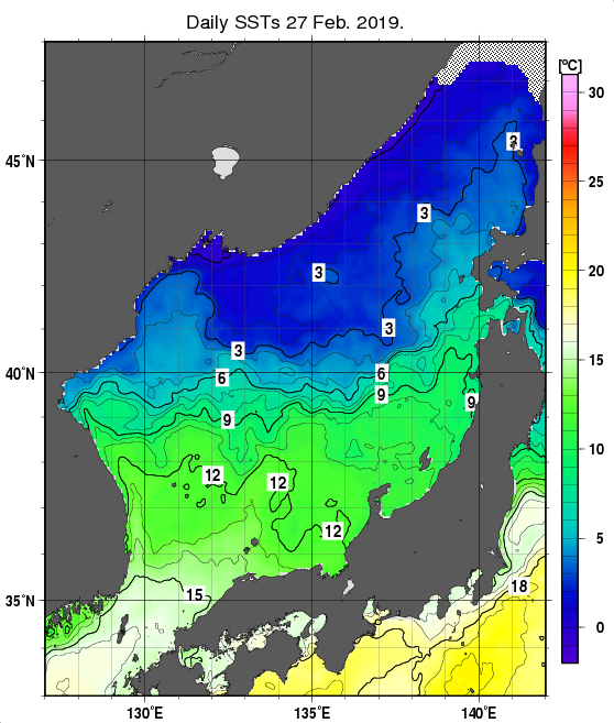 日本海の海面水温分布図（2月27日）