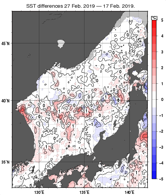 日本海の10日間の海面水温変化量分布図（2月27日）