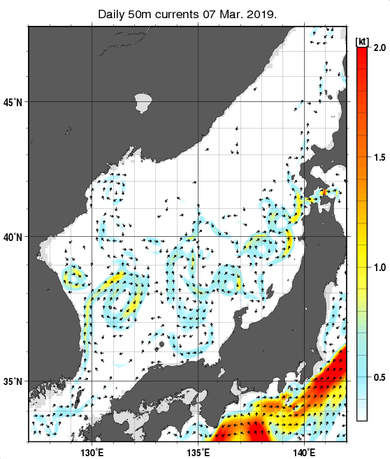 日本海の深さ50mの海流分布図（3月7日）