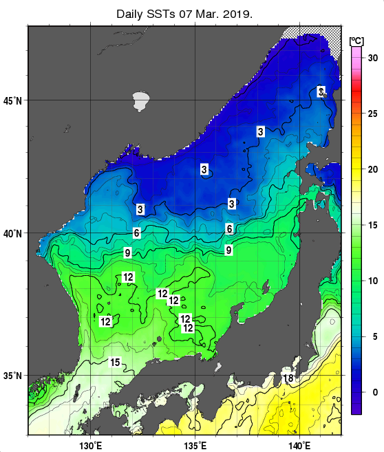 日本海の海面水温分布図（3月7日）