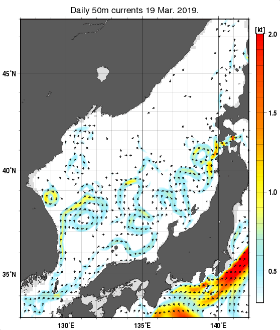 日本海の深さ50mの海流分布図（3月19日）