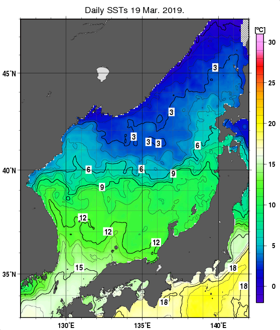 日本海の海面水温分布図（3月19日）