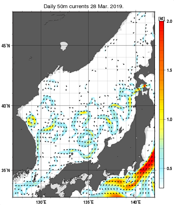 日本海の深さ50mの海流分布図（3月28日）